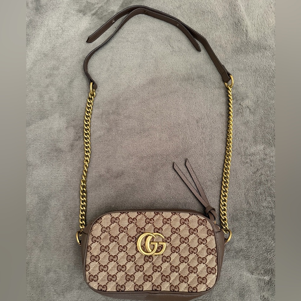 Gucci GG Marmont quilted canvas with brown leather crossbody bag